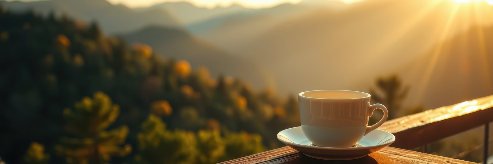 Enjoying a warm cup of coffee with a breathtaking mountain view at sunrise in a serene outdoor setting